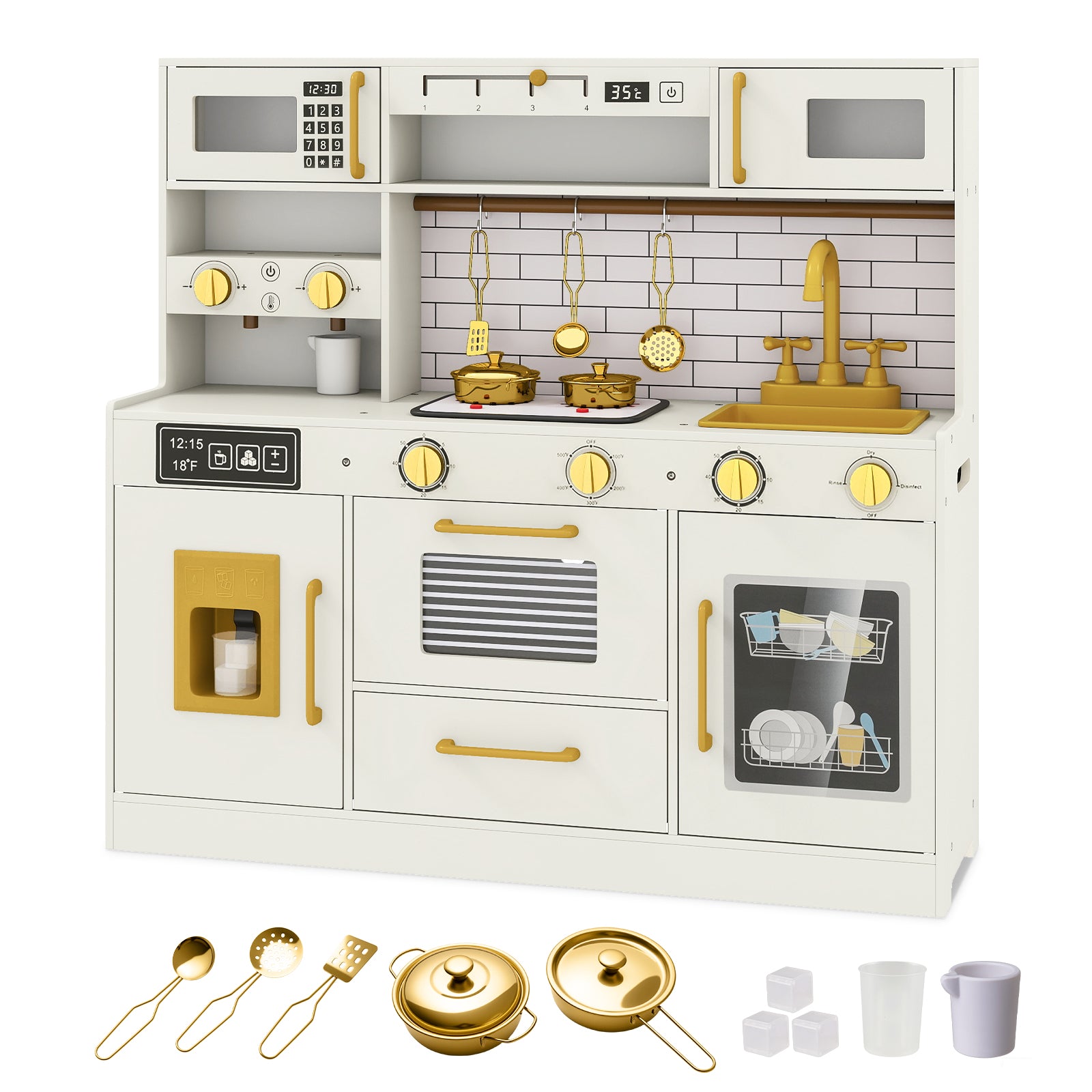Pretend Toy Kitchen Set with Stoves and Water Dispenser-BE, Beige Play Kitchen Sets at Gallery Canada