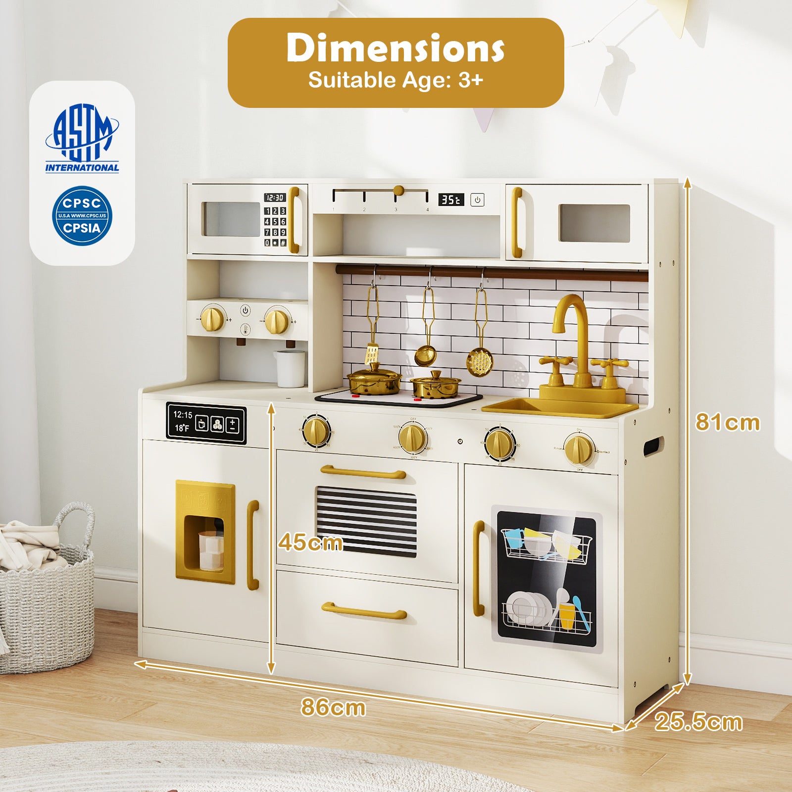 Pretend Toy Kitchen Set with Stoves and Water Dispenser-BE, Beige Play Kitchen Sets at Gallery Canada