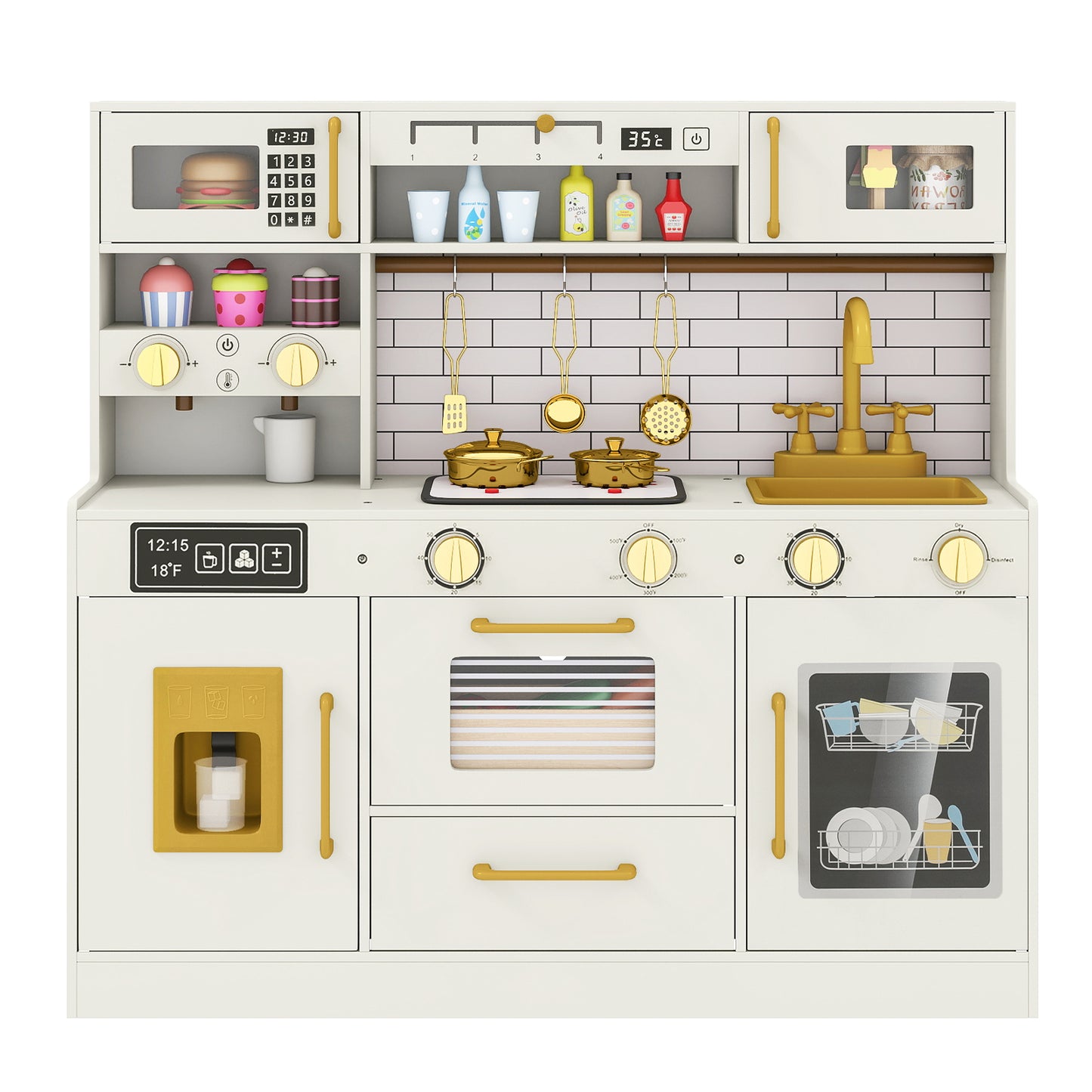 Pretend Toy Kitchen Set with Stoves and Water Dispenser-BE, Beige Play Kitchen Sets at Gallery Canada