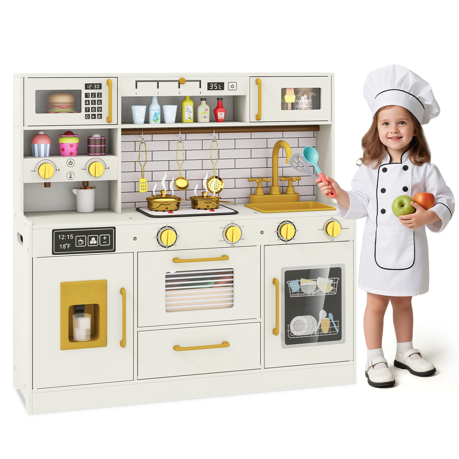Pretend Toy Kitchen Set with Stoves and Water Dispenser-BE, Beige Play Kitchen Sets at Gallery Canada