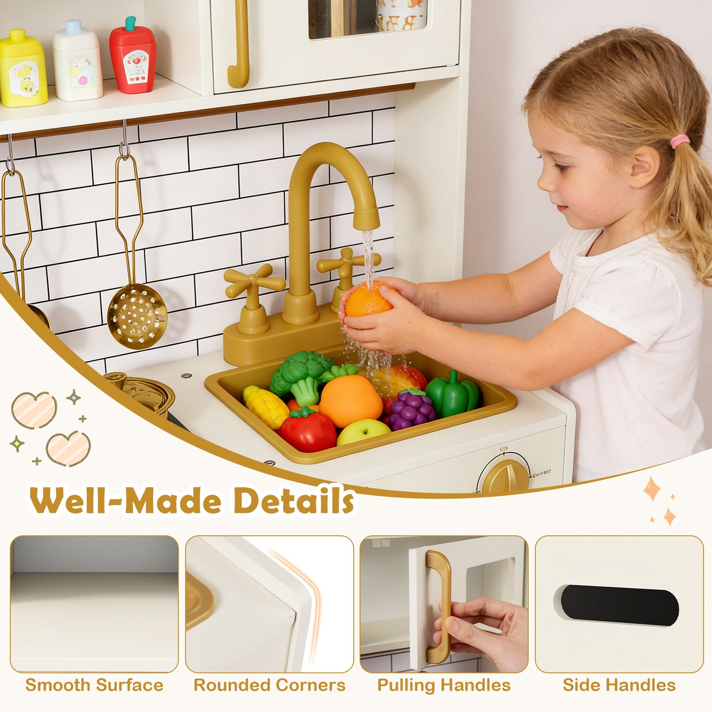 Pretend Toy Kitchen Set with Stoves and Water Dispenser-BE, Beige Play Kitchen Sets at Gallery Canada