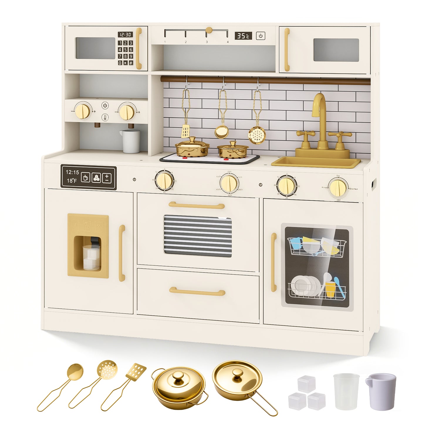 Pretend Toy Kitchen Set with Stoves and Water Dispenser-BE, Beige Play Kitchen Sets Beige at Gallery Canada