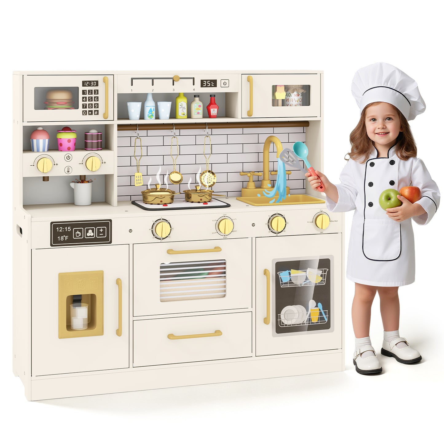 Pretend Toy Kitchen Set with Stoves and Water Dispenser-BE, Beige Play Kitchen Sets at Gallery Canada