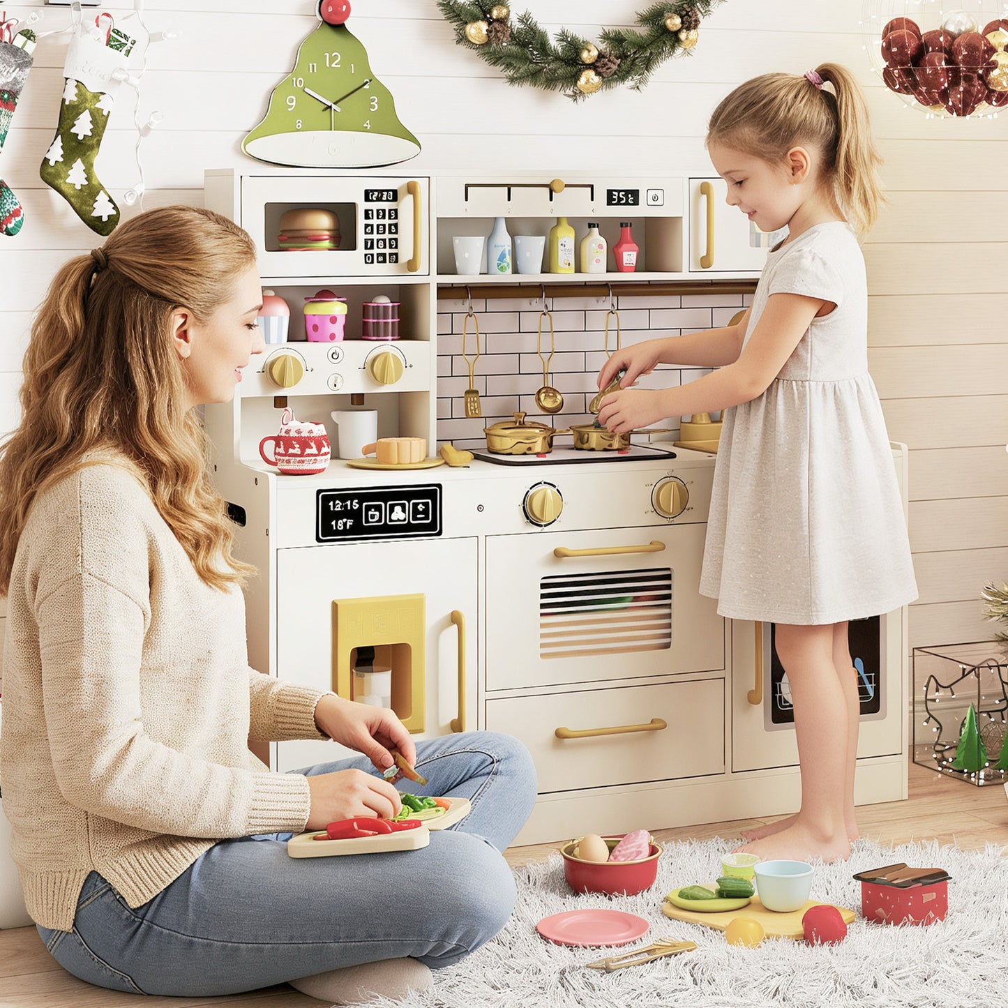 Pretend Toy Kitchen Set with Stoves and Water Dispenser-BE, Beige Play Kitchen Sets at Gallery Canada