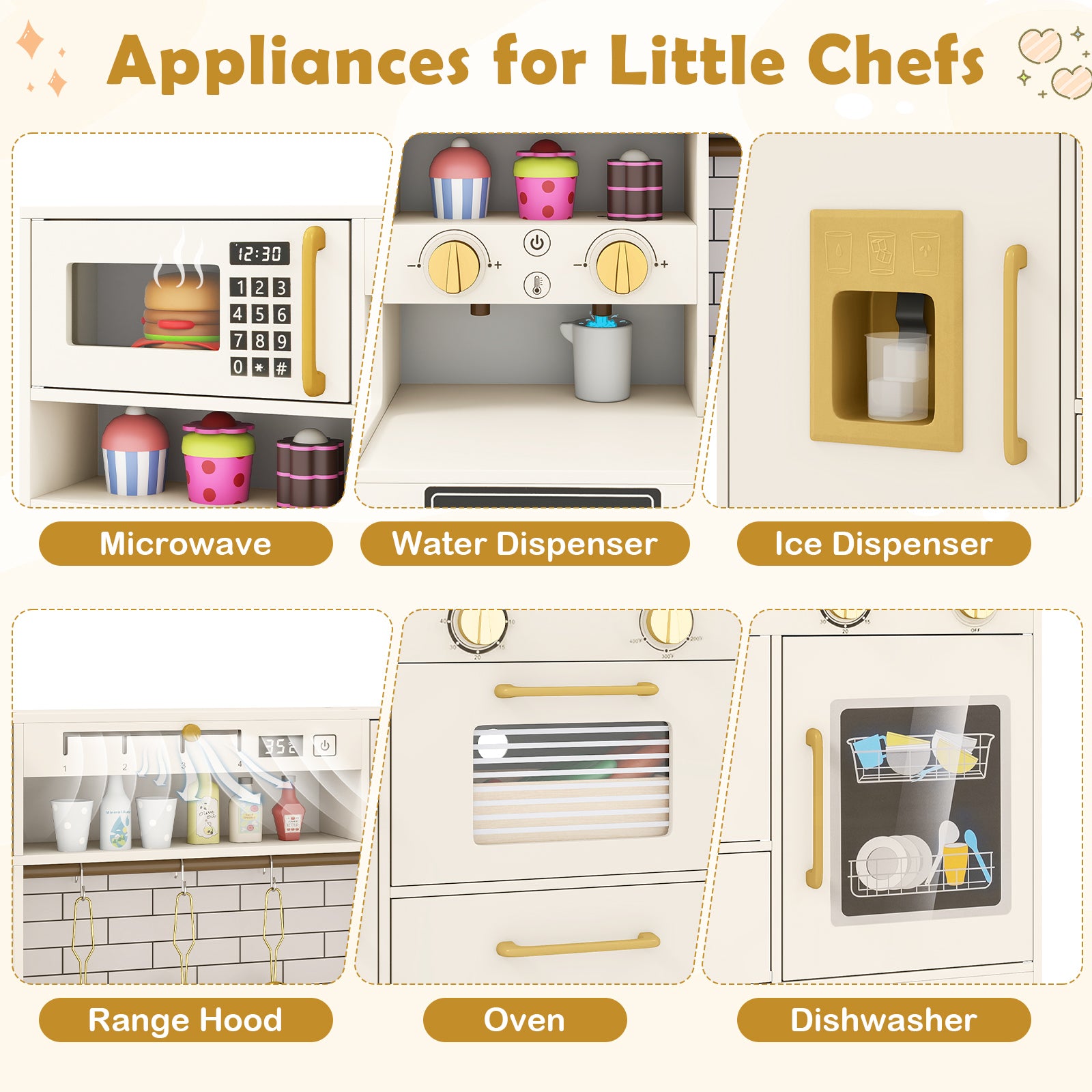 Pretend Toy Kitchen Set with Stoves and Water Dispenser-BE, Beige Play Kitchen Sets at Gallery Canada