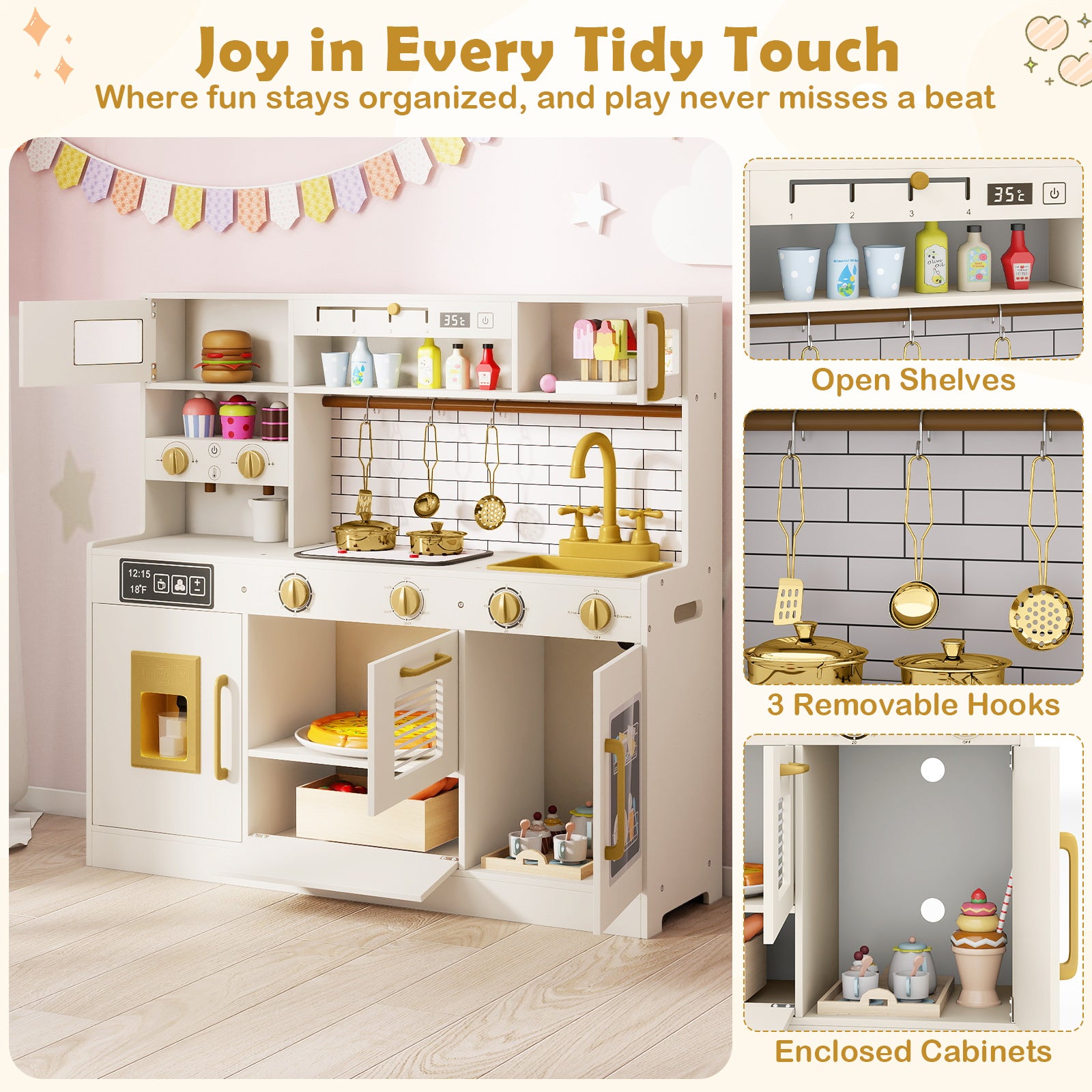 Pretend Toy Kitchen Set with Stoves and Water Dispenser-BE, Beige Play Kitchen Sets at Gallery Canada