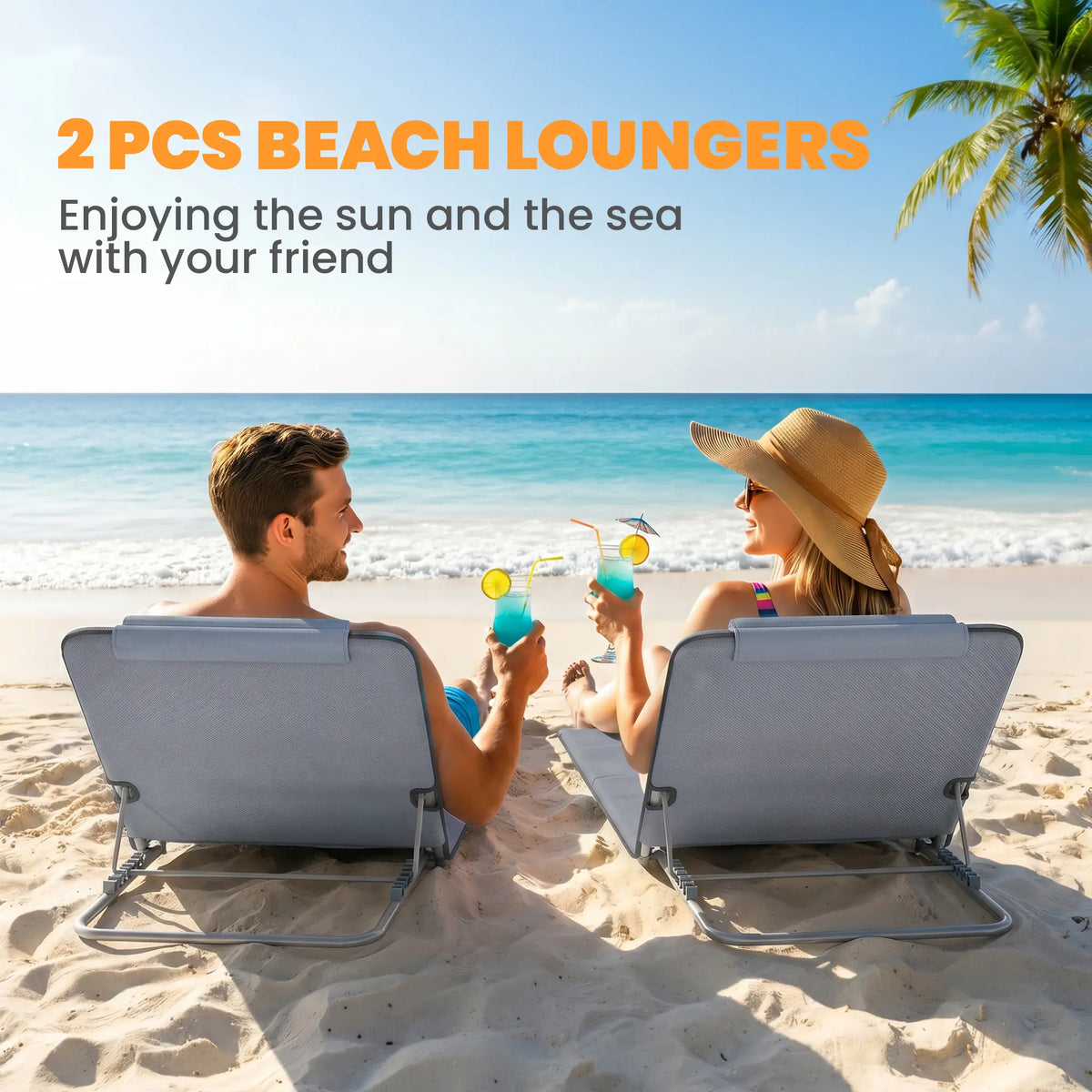 2 Pieces Beach Lounge Chair, Outdoor Folding Chaise, Grey Lounger Chairs at Gallery Canada