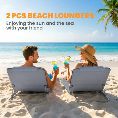 2 Pieces Beach Lounge Chair, Outdoor Folding Chaise, Grey Lounger Chairs at Gallery Canada