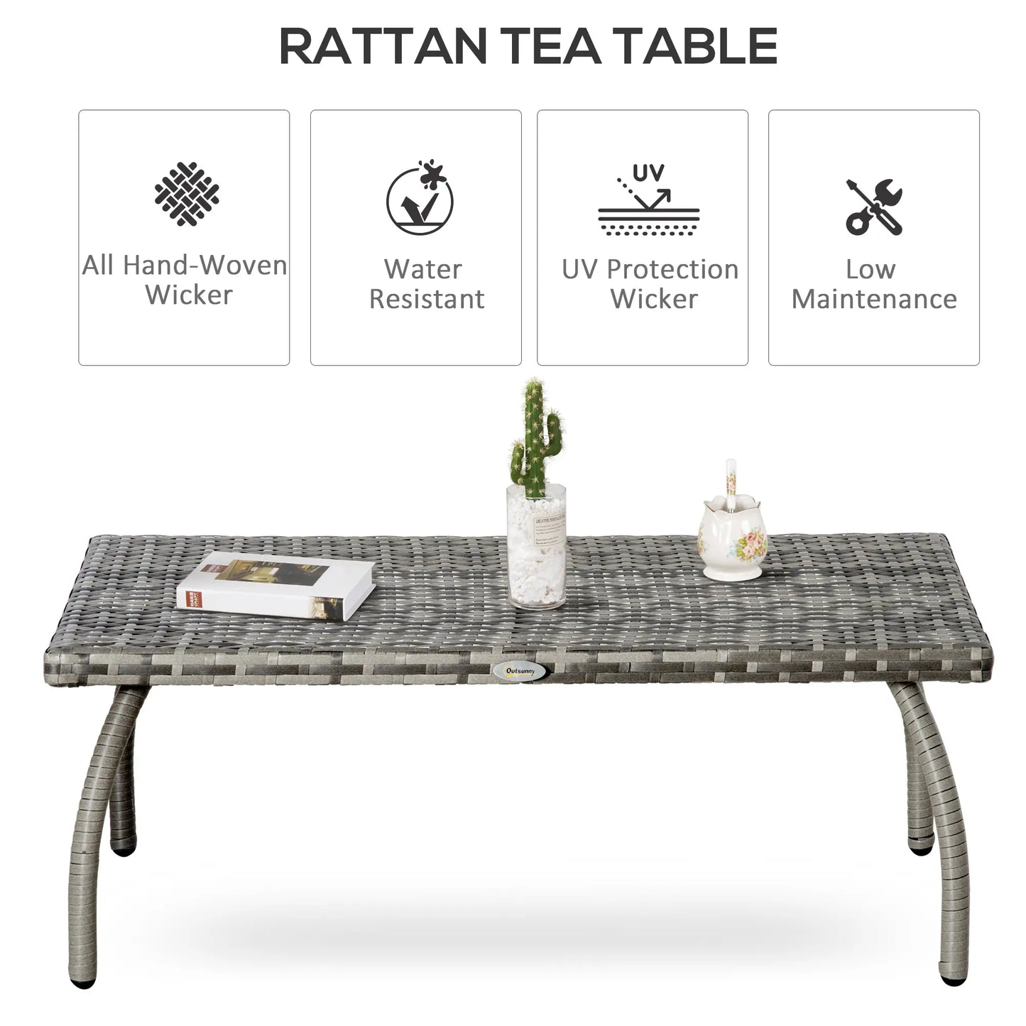 Rattan Coffee Table, 35.4" x 19.7", All-Weather PE, Outdoor Side Table, Grey Patio Side Tables at Gallery Canada