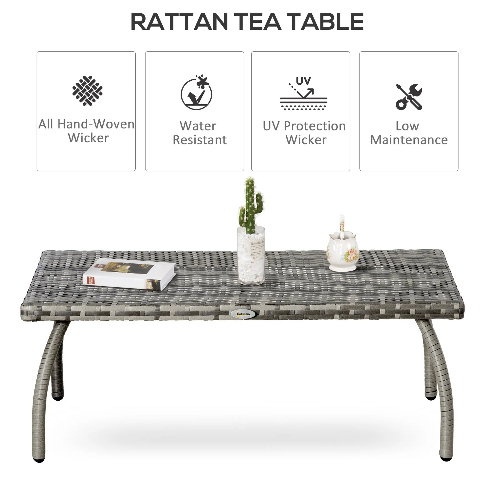 Rattan Coffee Table, 35.4" x 19.7", All-Weather PE, Outdoor Side Table, Grey Patio Side Tables at Gallery Canada
