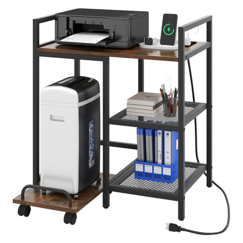 Printer Stand With Charging Station, Storage Shelves, Rustic Brown