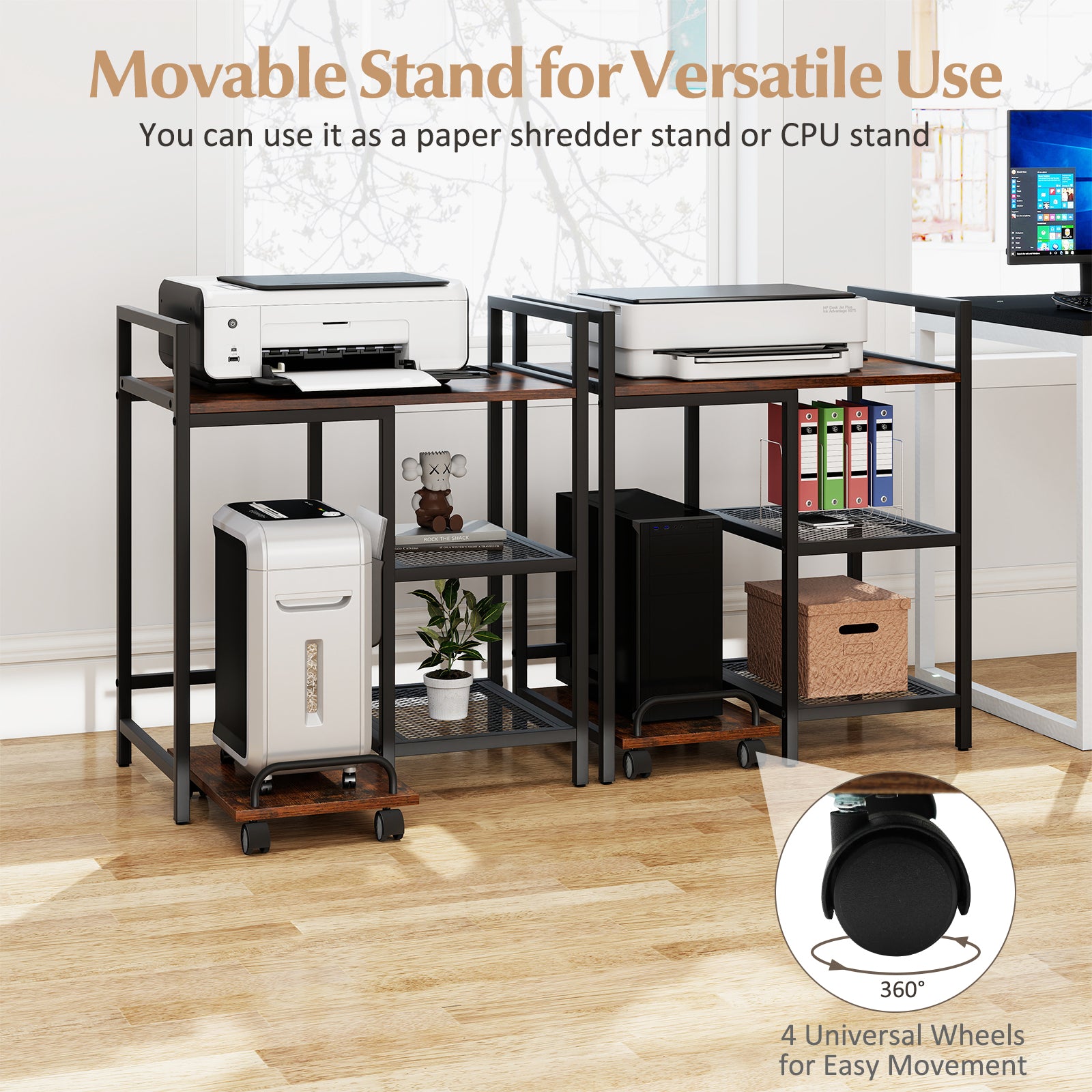 Printer Stand with Charging Station and Storage Shelves, Rustic Brown Laptop Tables & Printer Stands at Gallery Canada