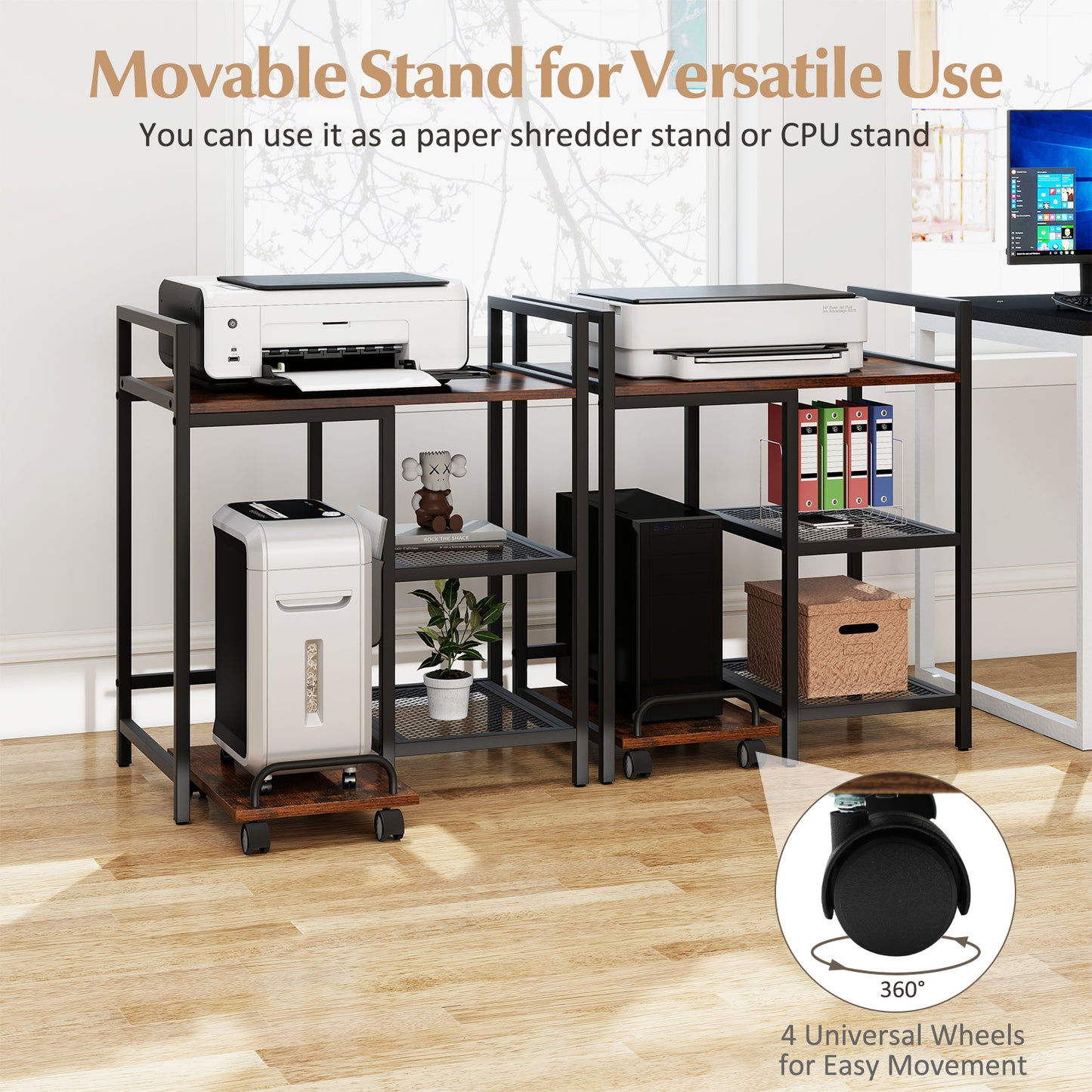 Printer Stand with Charging Station and Storage Shelves, Rustic Brown Laptop Tables & Printer Stands at Gallery Canada