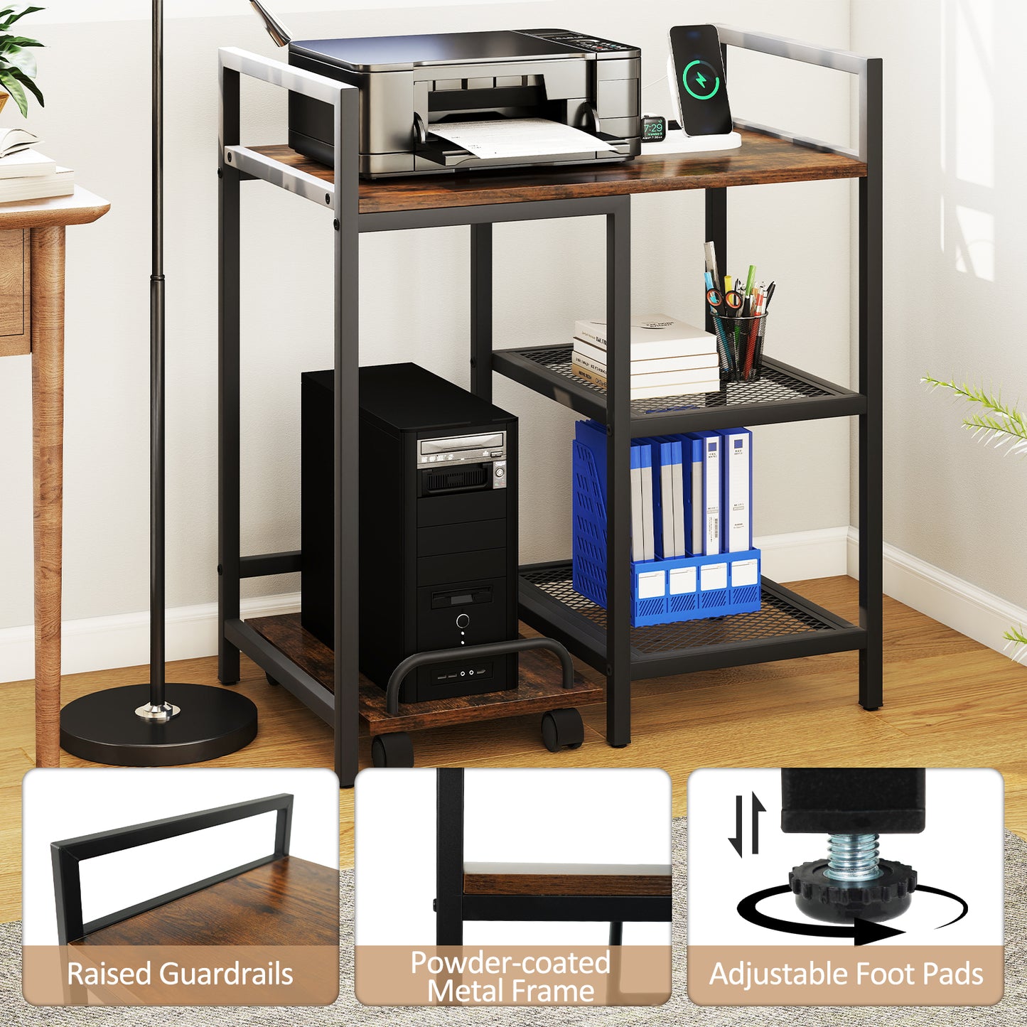 Printer Stand with Charging Station and Storage Shelves, Rustic Brown Laptop Tables & Printer Stands at Gallery Canada