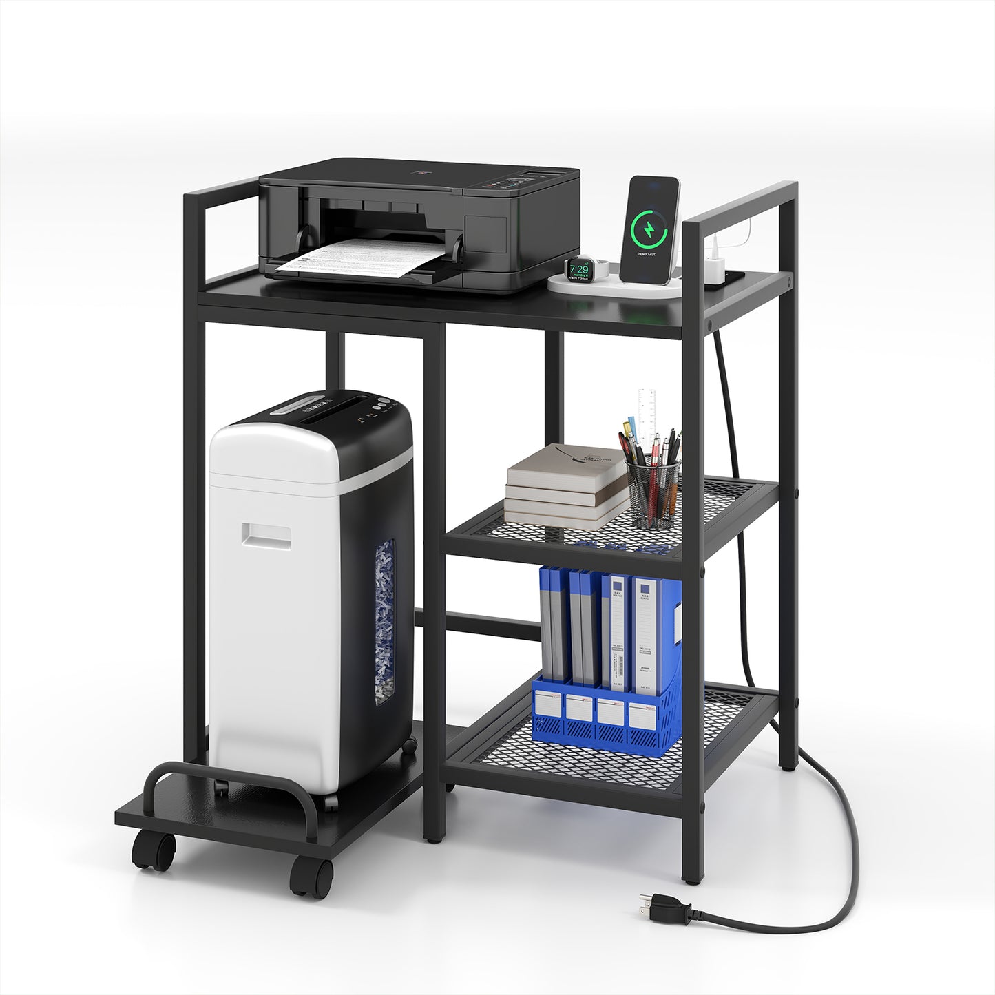 Printer Stand with Charging Station and Storage Shelves, Black Laptop Tables & Printer Stands Black at Gallery Canada
