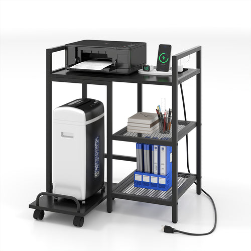 Printer Stand With Charging Station, Storage Shelves, Black