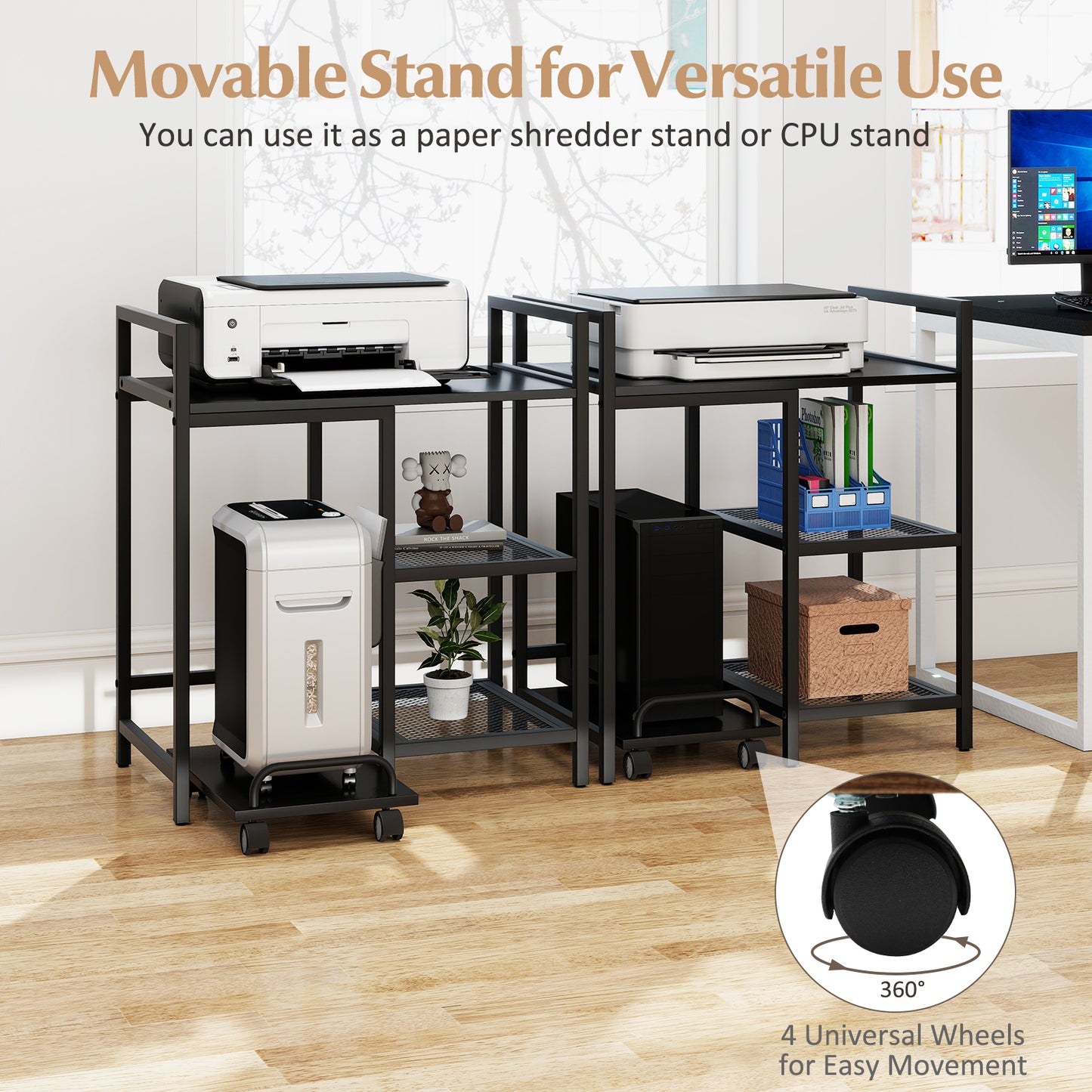 Printer Stand with Charging Station and Storage Shelves, Black Laptop Tables & Printer Stands at Gallery Canada