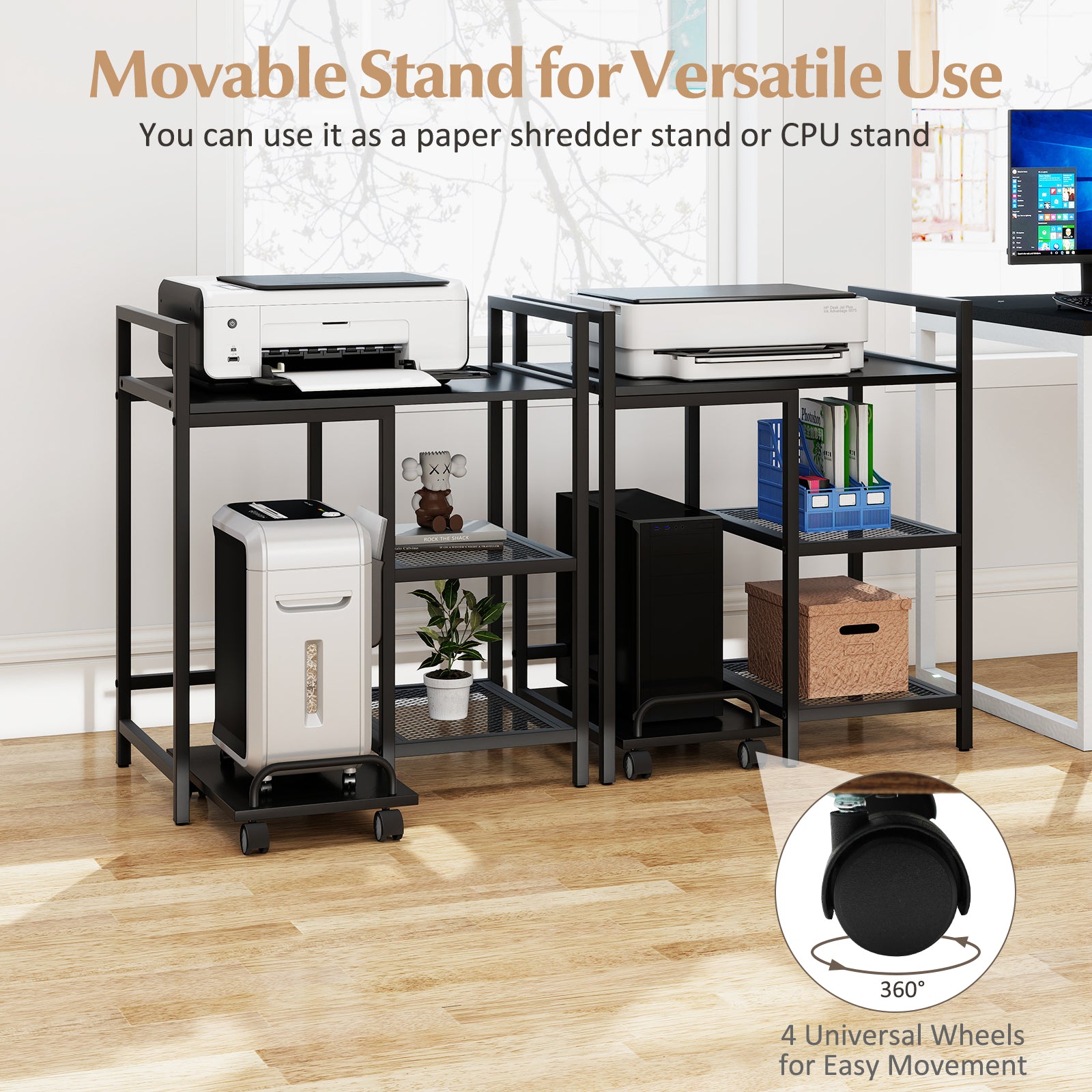 Printer Stand with Charging Station and Storage Shelves, Black Laptop Tables & Printer Stands at Gallery Canada