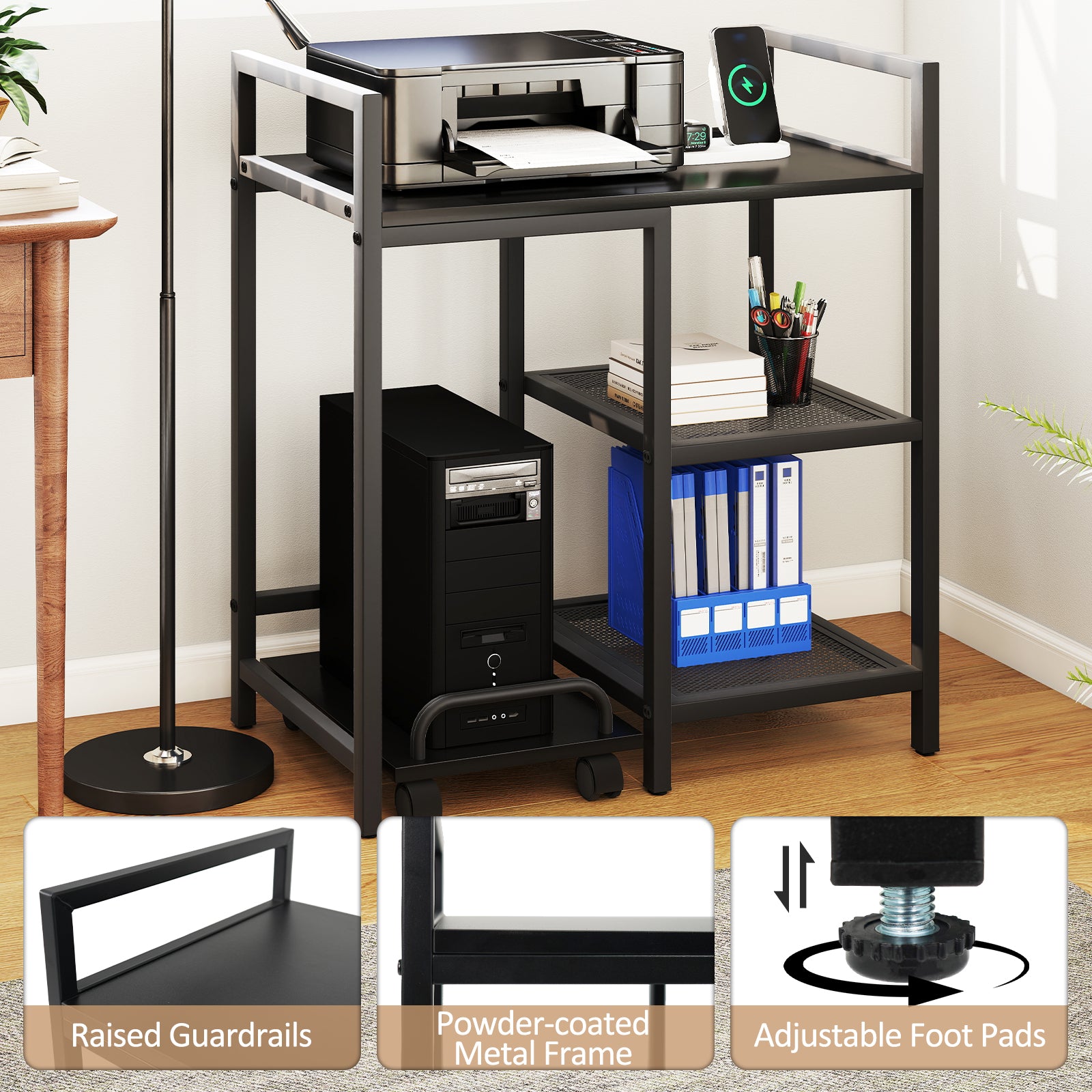 Printer Stand with Charging Station and Storage Shelves, Black Laptop Tables & Printer Stands at Gallery Canada