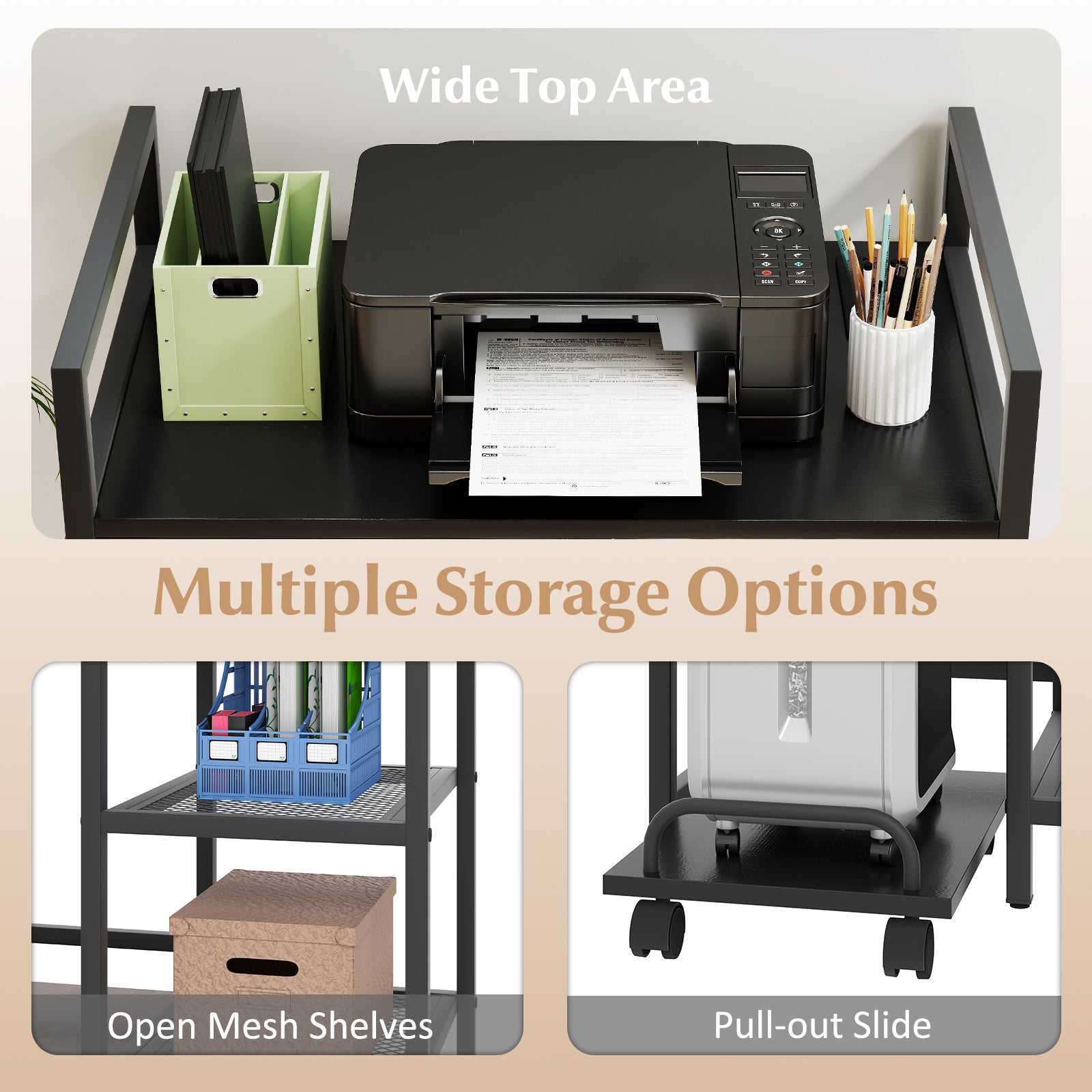Printer Stand with Charging Station and Storage Shelves, Black Laptop Tables & Printer Stands at Gallery Canada