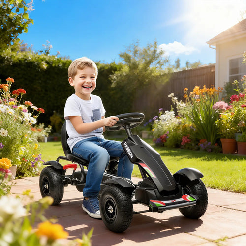 Kids Pedal Go Kart, Adjustable Bucket, Handbrake, 4 Rubber Wheels, Black