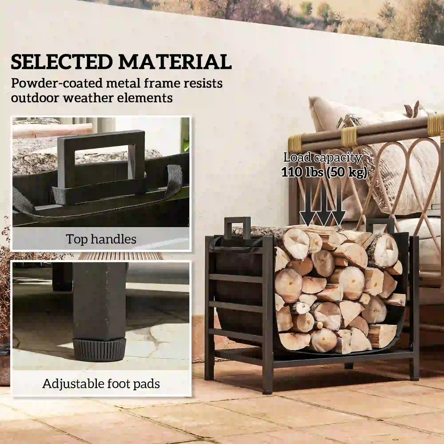Outdoor Firewood Rack With Log Carrier, Heavy Duty Steel, Black Firewood Racks at Gallery Canada