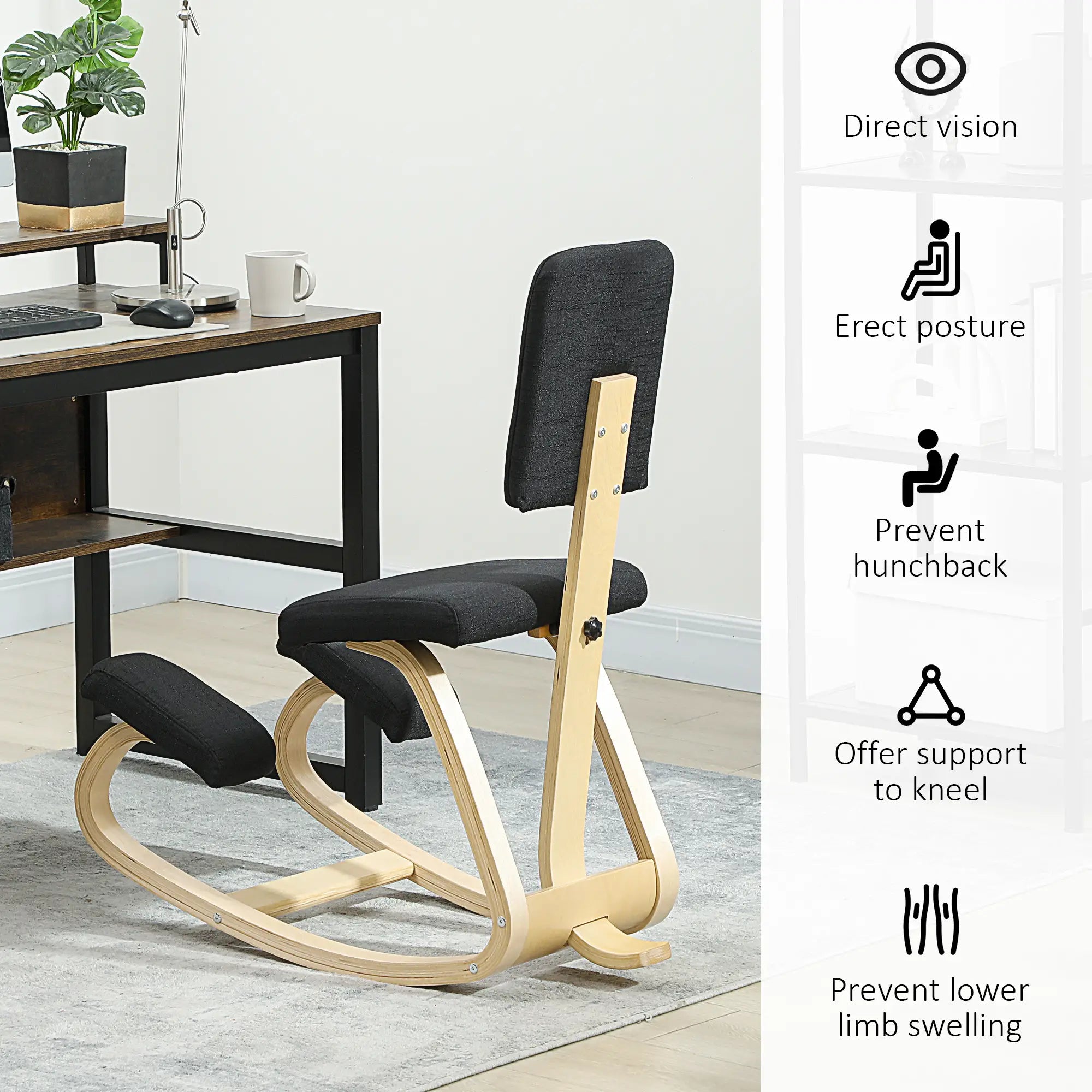 Ergonomic Kneeling Chair, Rocking Wood Stool with Backrest, Black Office Chairs at Gallery Canada