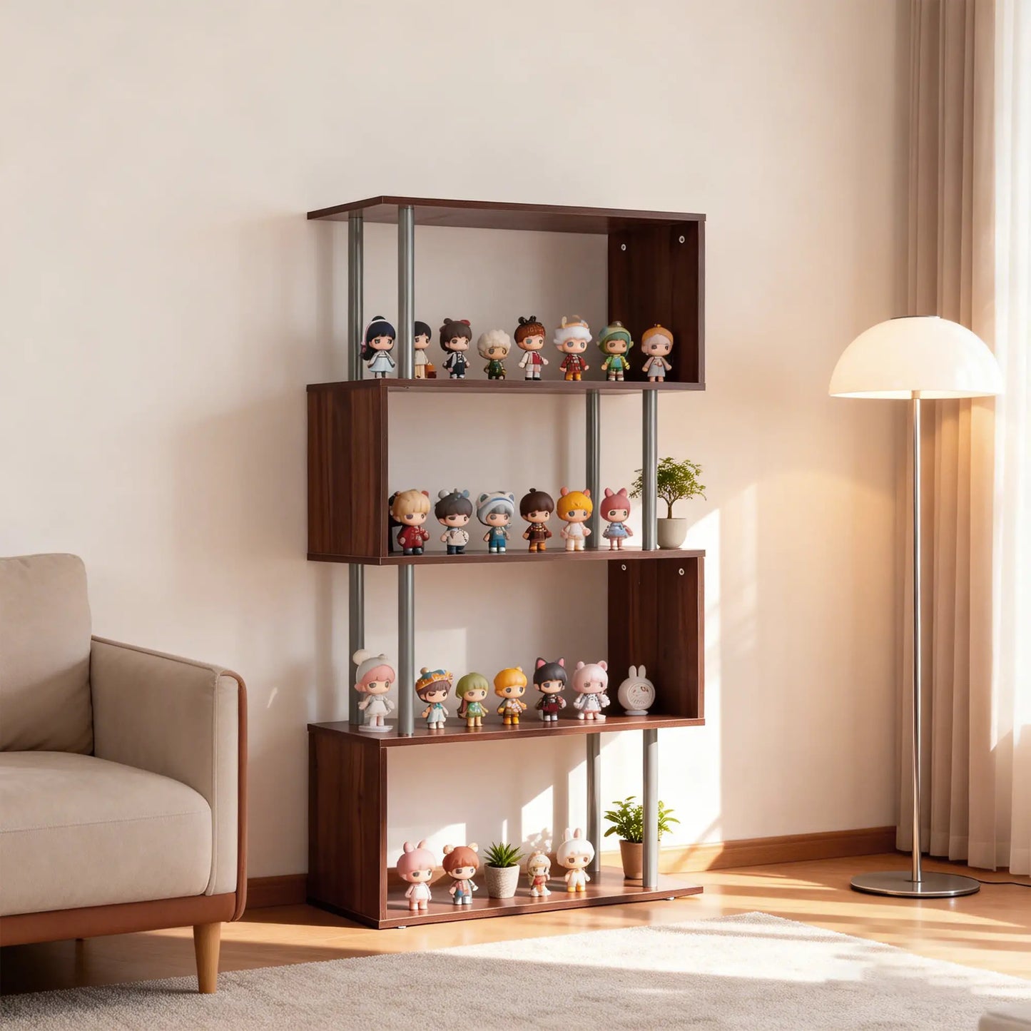 5-Tier Geometric Wooden Bookcase, S-Shaped Storage, Walnut Display Bookshelves at Gallery Canada