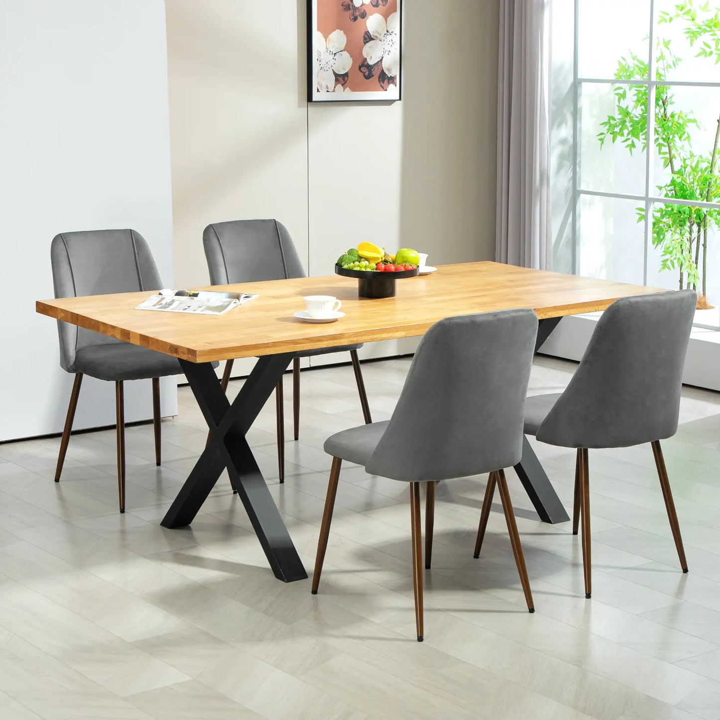Upholstered Dining Chairs Set of 4, Velvet, Wood-Grain Steel Leg, Dark Grey Dining Chairs at Gallery Canada