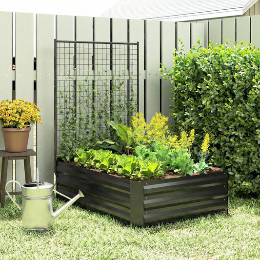 Galvanized Raised Garden Bed With Trellis, Open Bottom Planter Box, Black Galvanized Planter Boxes Black at Gallery Canada