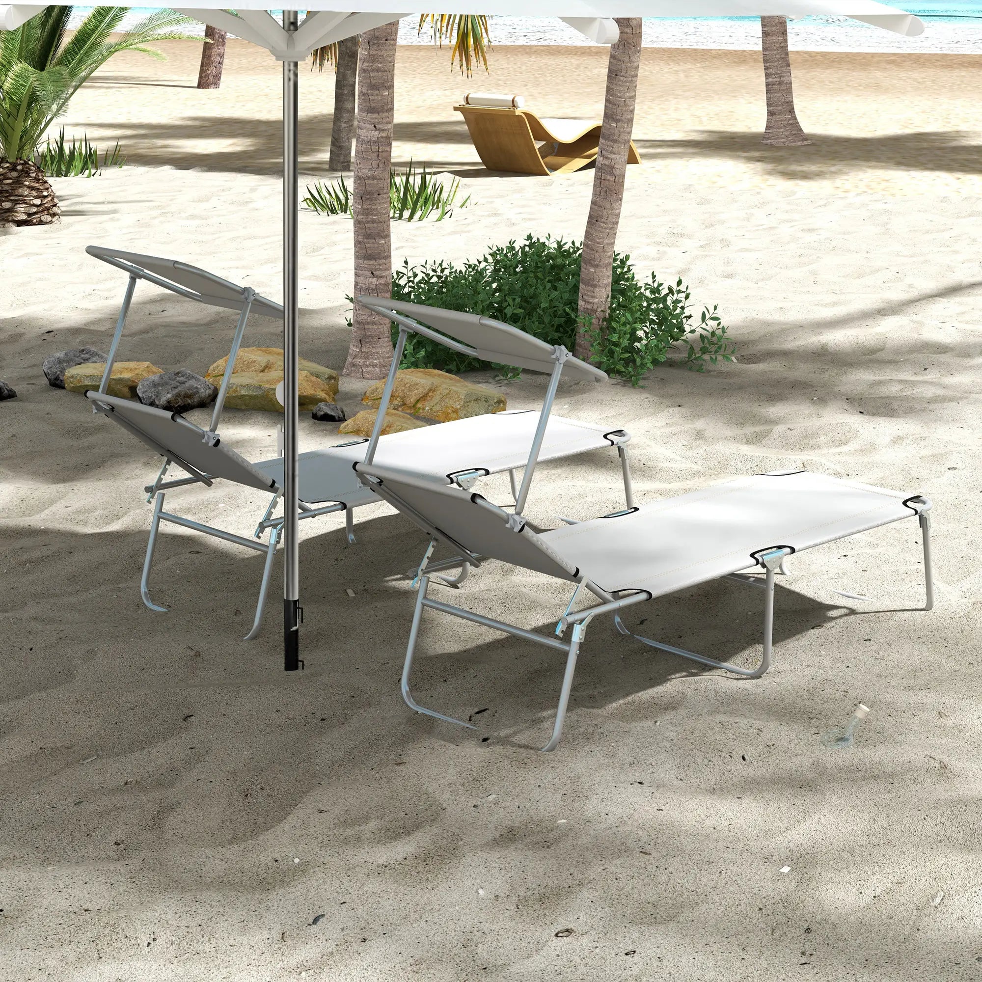 Outdoor Lounge Chair, Adjustable Folding Chaise With Sun Shade, Light Grey Lounger Chairs at Gallery Canada