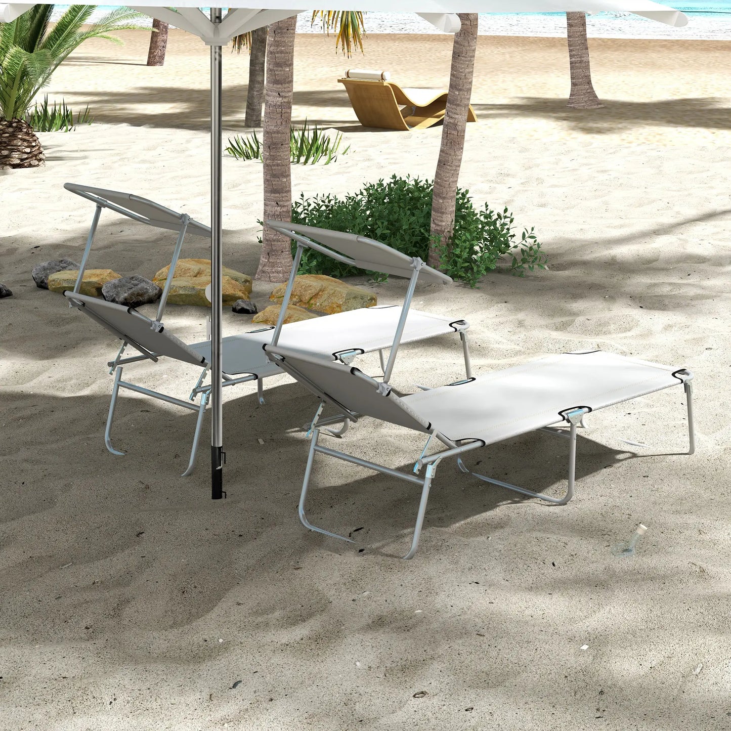 Outdoor Lounge Chair, Adjustable Folding Chaise With Sun Shade, Light Grey Lounger Chairs at Gallery Canada