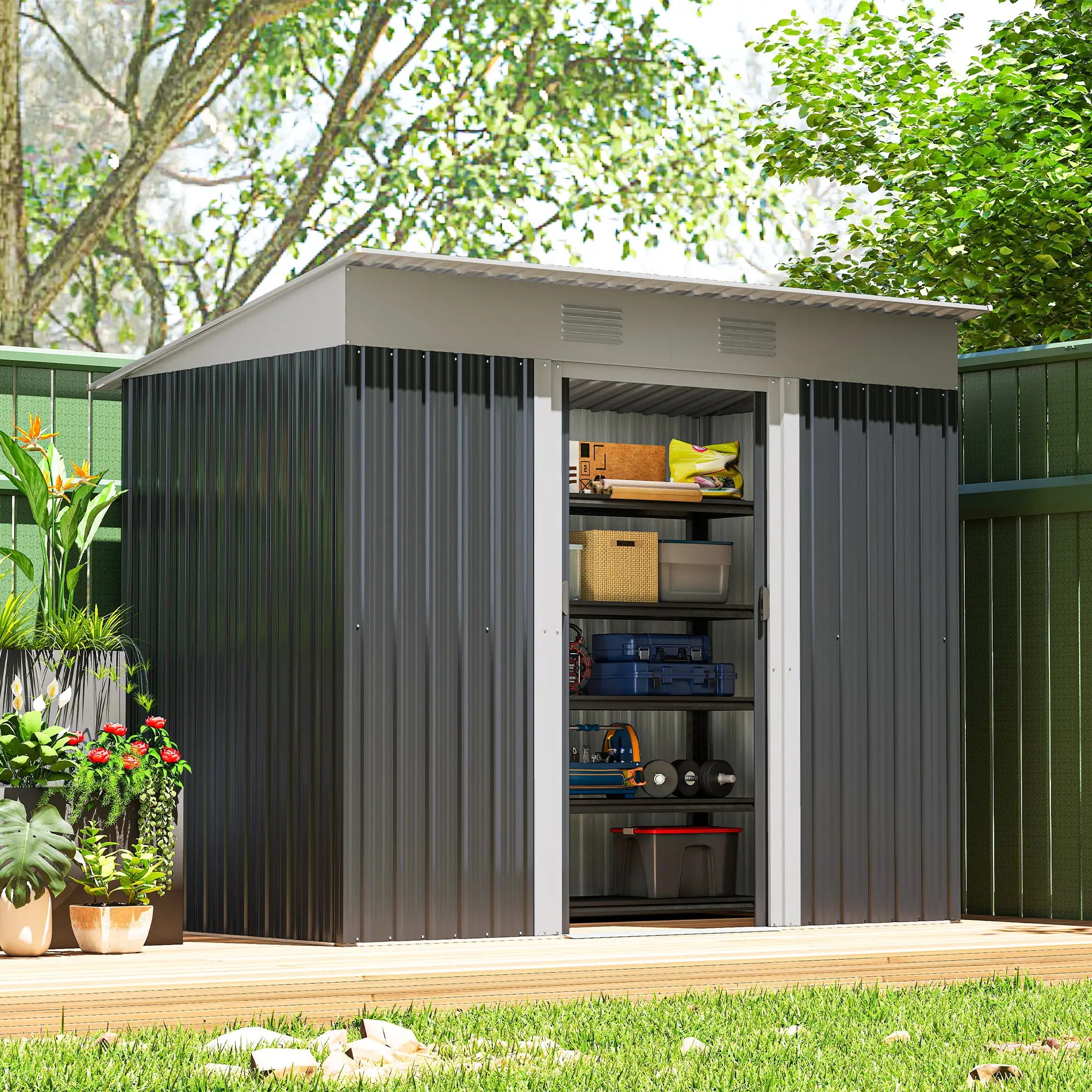 7' x 4' Outdoor Storage Shed, Metal Garden Tool Organizer, Lockable Doors, Charcoal Grey Sheds at Gallery Canada