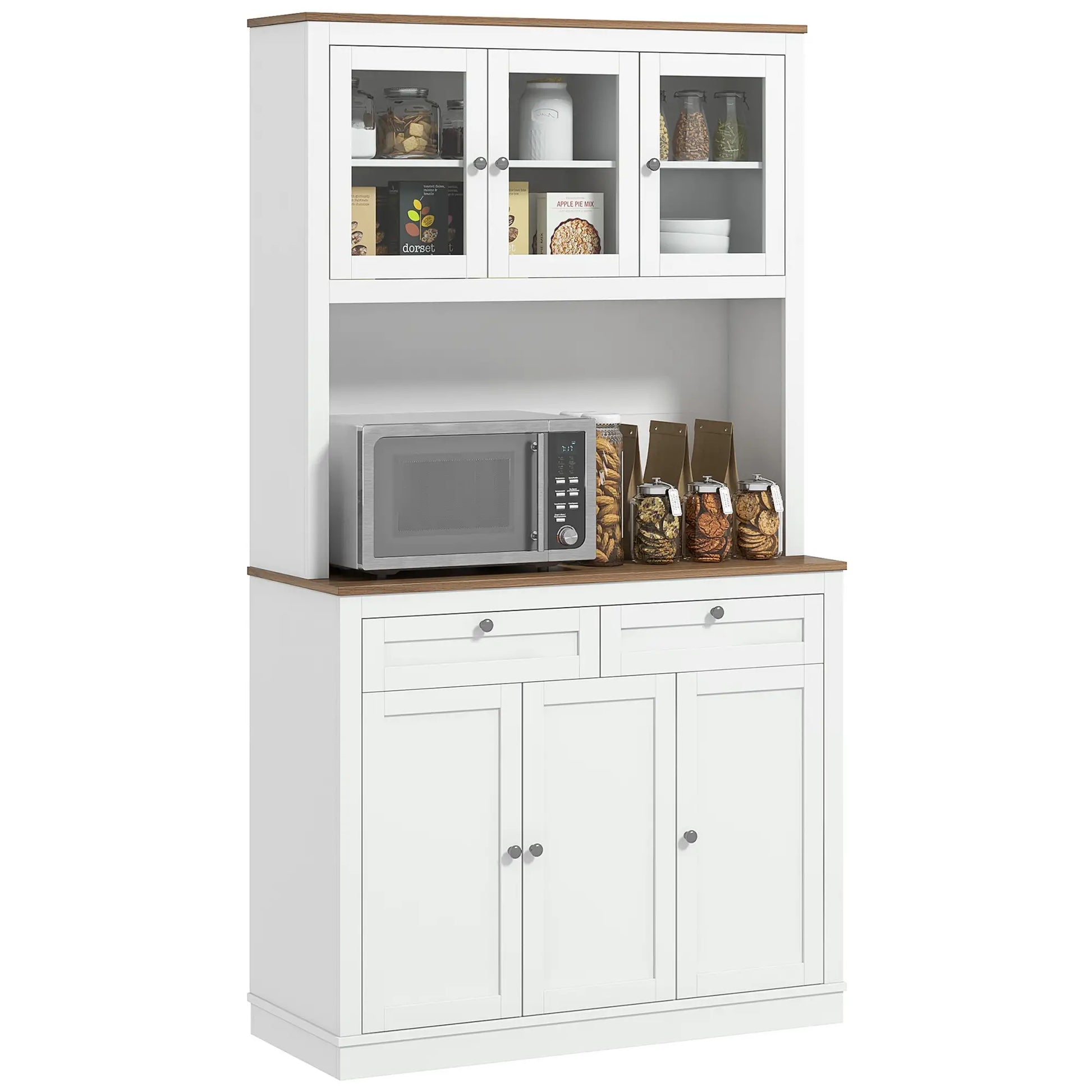 71" Pantry Cabinet with Microwave Space, Buffet Hutch, 2 Drawers, Adjustable Shelves, White Kitchen Pantry Cabinets at Gallery Canada