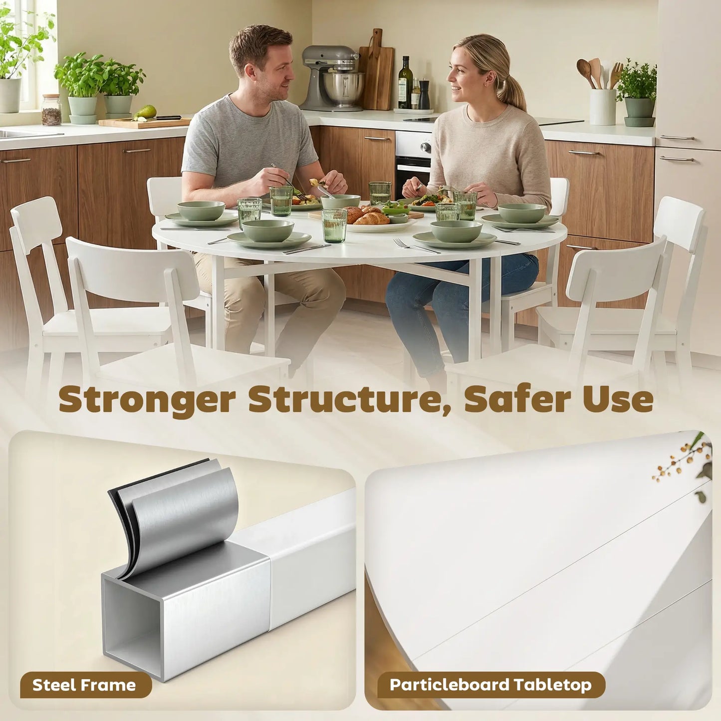 47" Round Drop Leaf Dining Table, Steel Frame, For 3-6 People, White Dining Tables at Gallery Canada