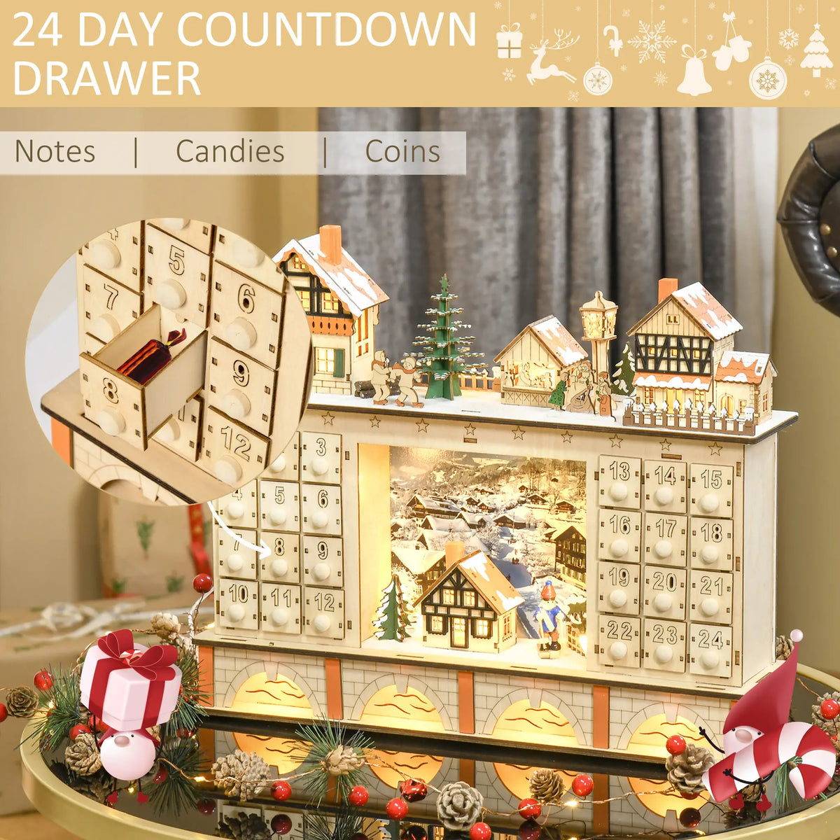 Christmas Advent Calendar, Light Up Wooden Countdown Drawer, Village, Natural Wood Christmas Advent Calendars at Gallery Canada