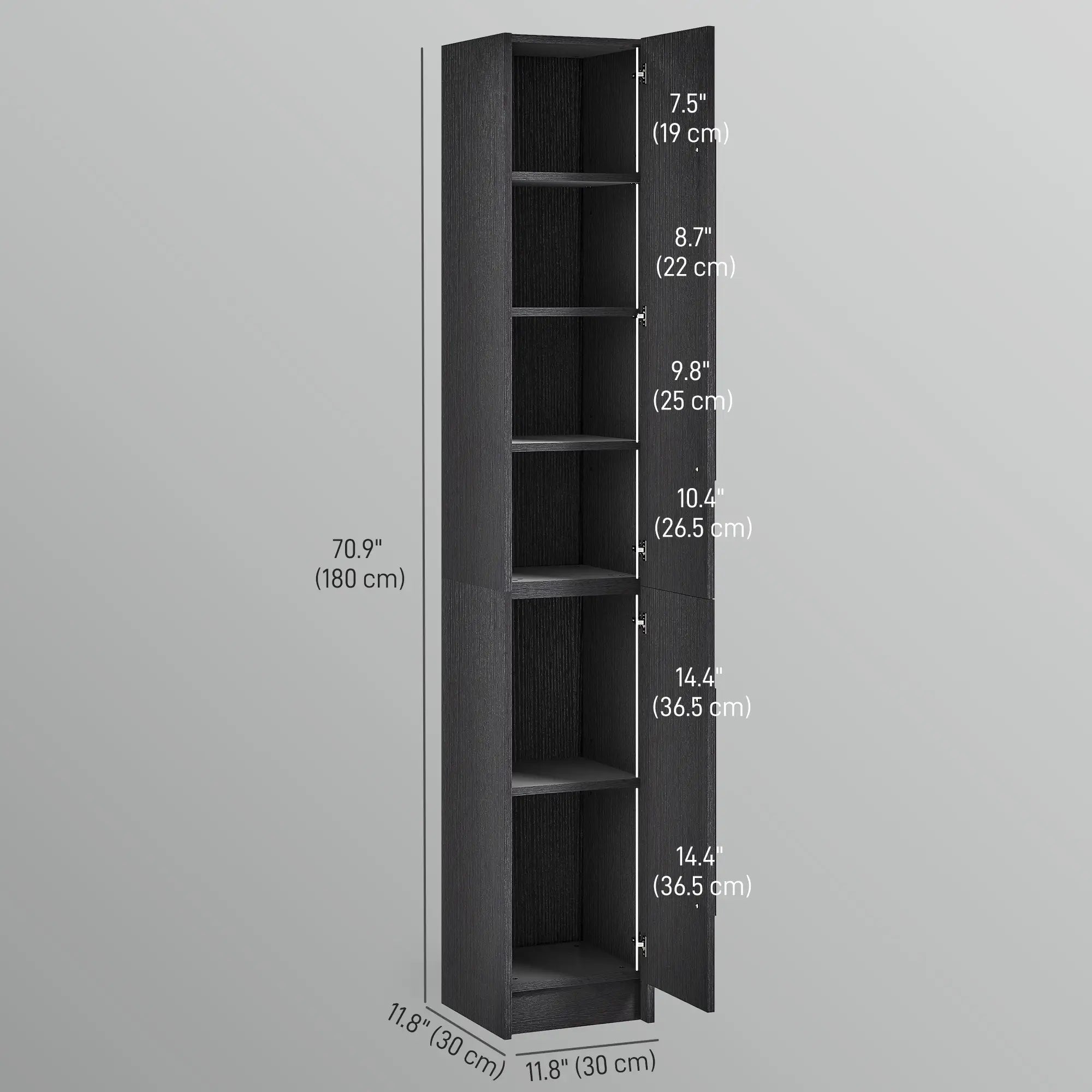 Tall Bathroom Storage Cabinet, Adjustable Shelves, Wood Grain, Black Bathroom Cabinets at Gallery Canada