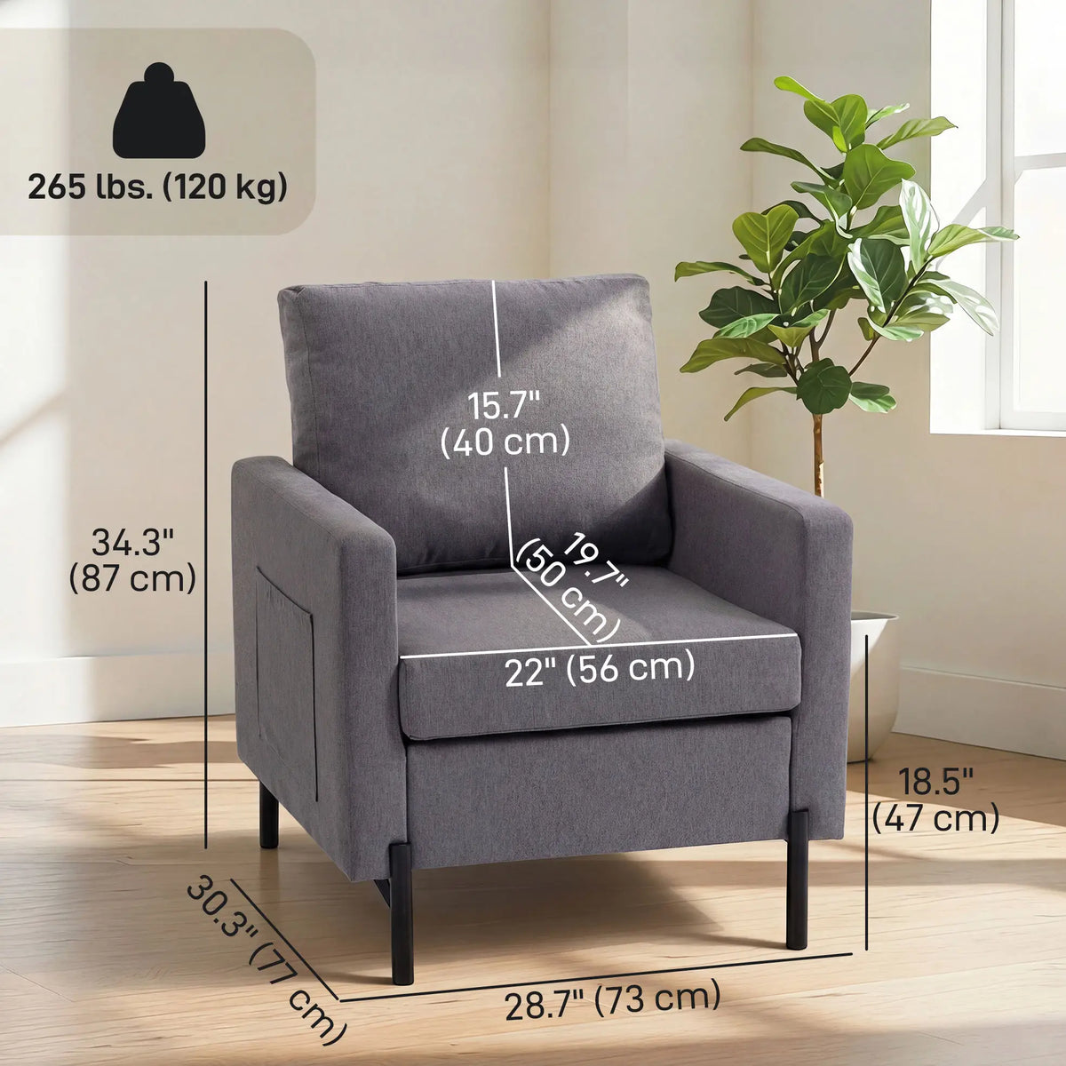 Modern Upholstered Armchair With Side Pockets, Cushion, Dark Grey Accent Chairs at Gallery Canada