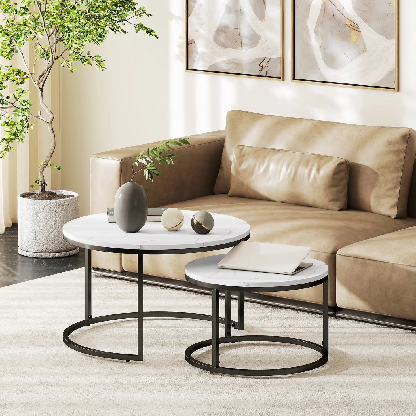 Modern Coffee Table Set of 2, Nesting Side Tables, Metal Base, Faux Marbled, White Coffee Tables at Gallery Canada