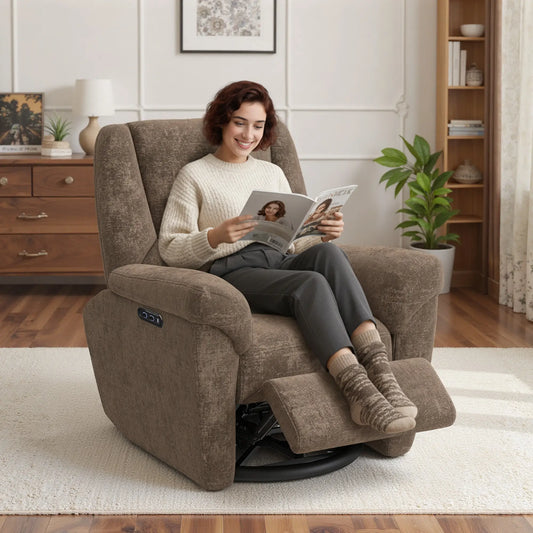 Fabric Recliner Chair, USB Ports, Swivel Rocking Footrest Sofas & Reclining Chairs Dark Brown at Gallery Canada