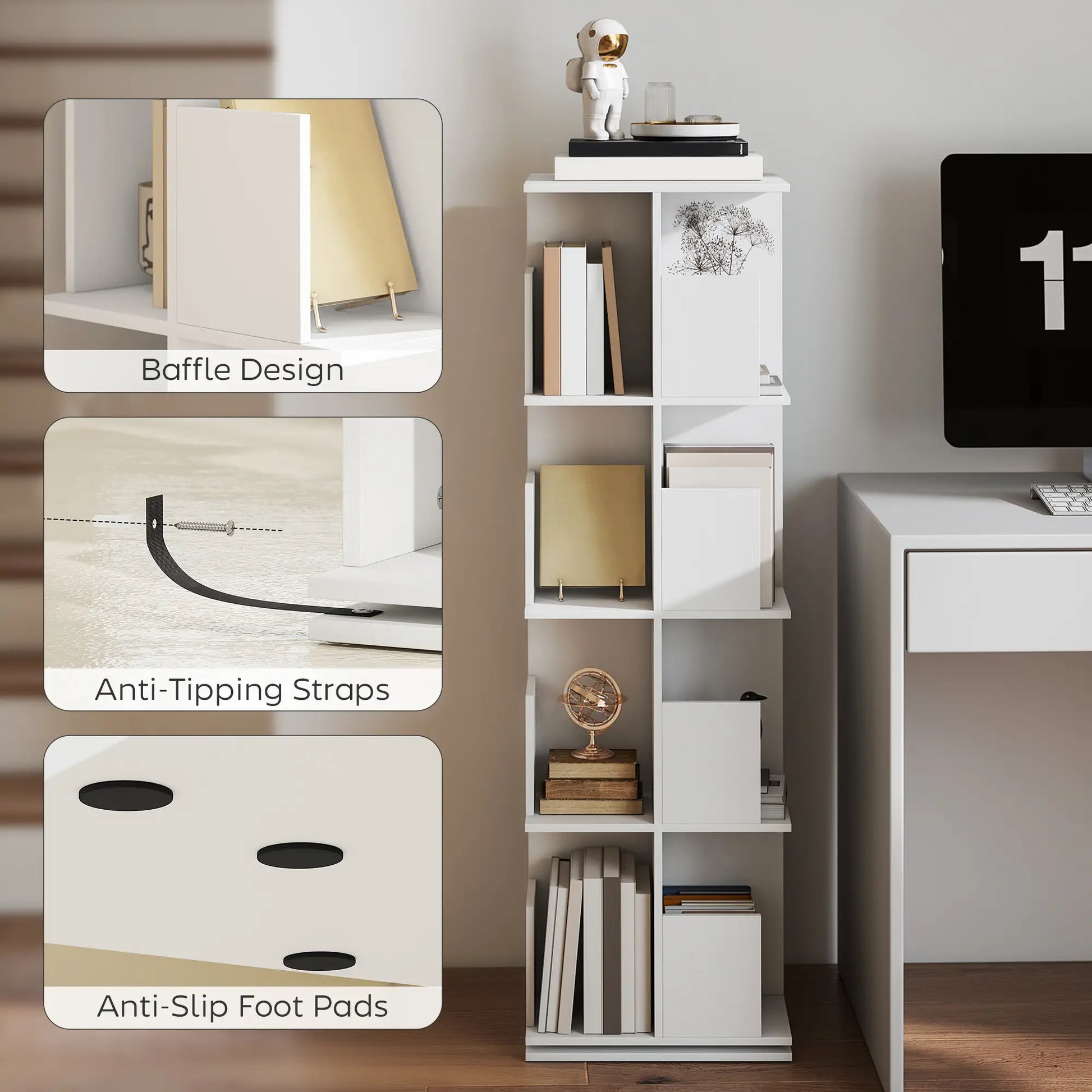 360° Rotating Bookcase, 4 Tier Bookshelf with 16 Cubbies, White Wood Grain, White Display Bookshelves at Gallery Canada