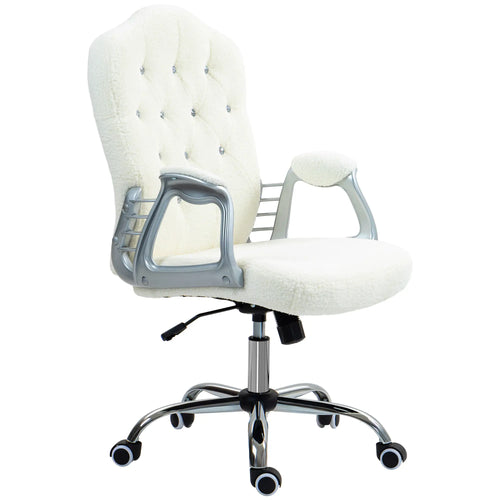 Teddy Fleece Computer Chair, Button Tufted, Swivel Wheels, Adjustable Height, White