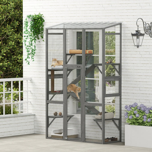 Wooden Catio Outdoor Cat Enclosure, 6 Jumping Platforms, Scratching Post, 2 Ramps, Waterproof Roof, Grey Outdoor Cat Enclosures Grey at Gallery Canada