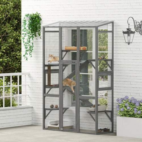 Wooden Catio Outdoor Cat Enclosure, 6 Jumping Platforms, Scratching Post, 2 Ramps, Waterproof Roof, Grey