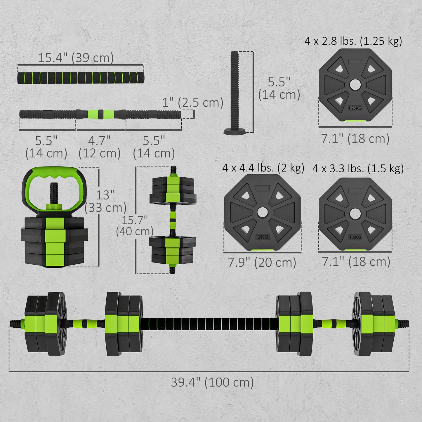 Adjustable Dumbbell Set, 44lbs, Kettlebell Barbell Dumbbell Push-Up Stand, Green Dumbbells & Barbells at Gallery Canada