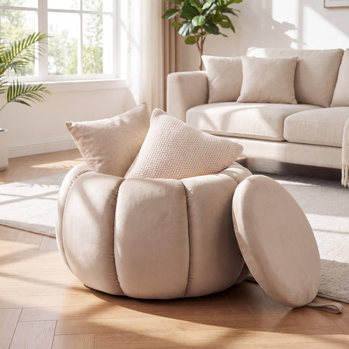 Pumpkin Ottoman, Hidden Storage, Removable Lid, Beige