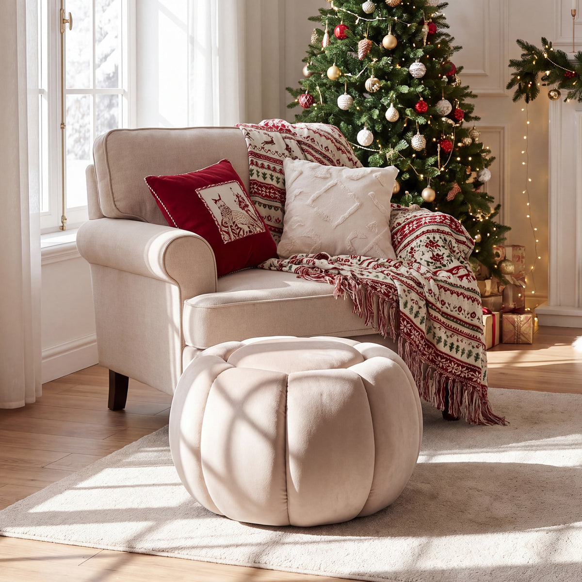 Pouf Citrouille, Rangement Caché, Couvercle Amovible, Beige