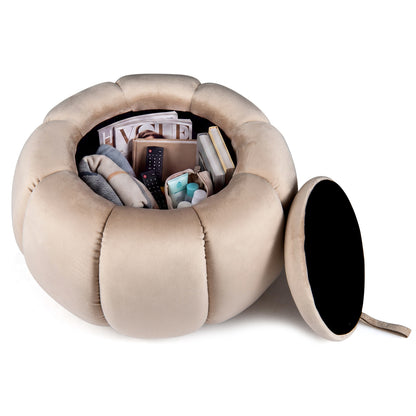Pouf Citrouille, Rangement Caché, Couvercle Amovible, Beige