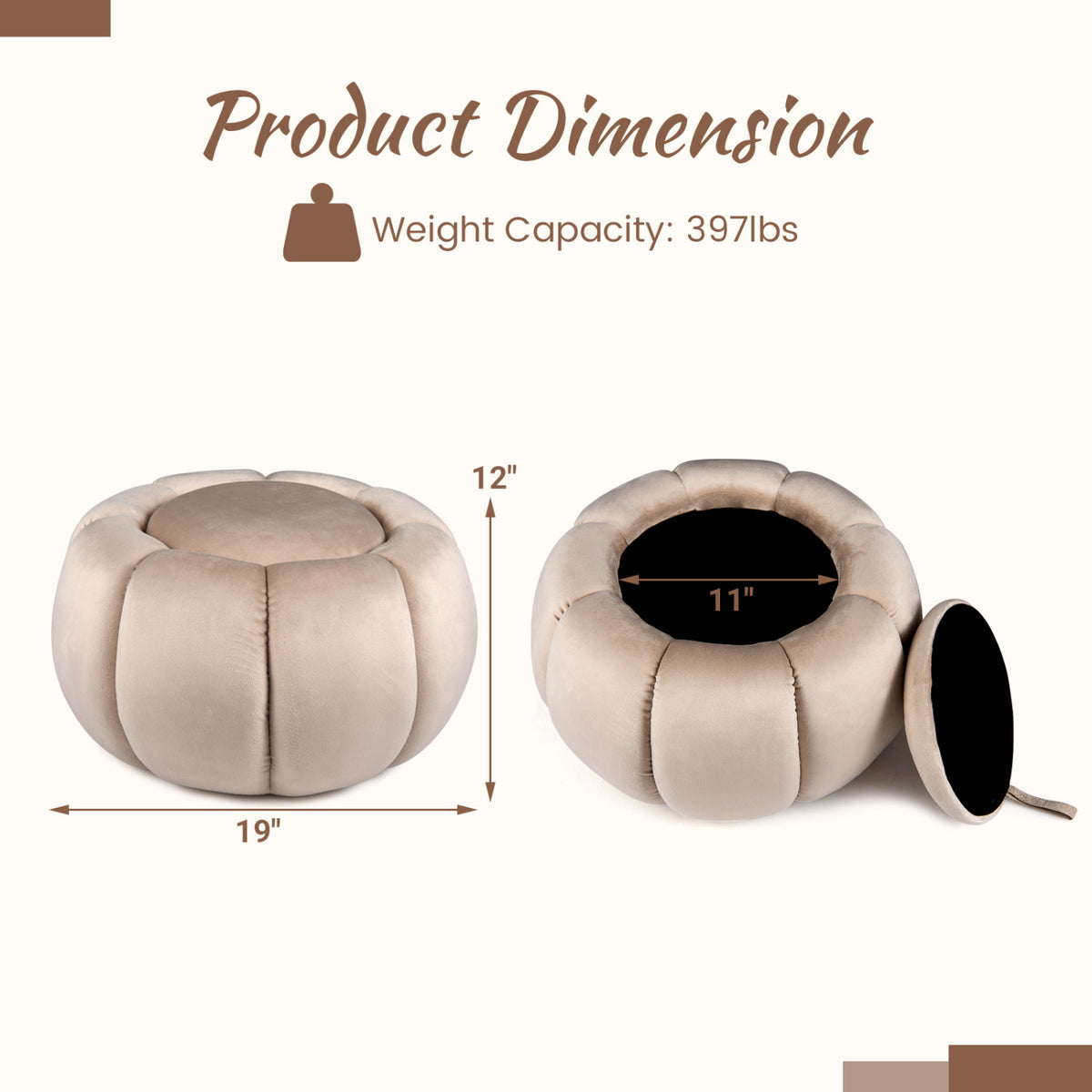 Pouf Citrouille, Rangement Caché, Couvercle Amovible, Beige