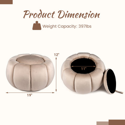Pouf Citrouille, Rangement Caché, Couvercle Amovible, Beige